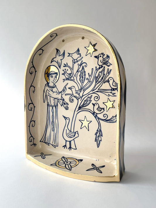 Saint Francis preaching to the birds ceramic shrine